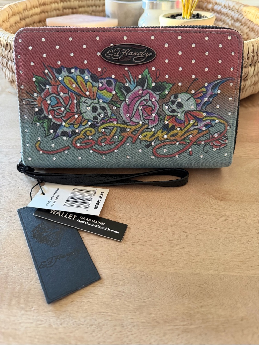 Ed Hardy Floral Skull Gradient Wristlet Wallet - Rhinestones